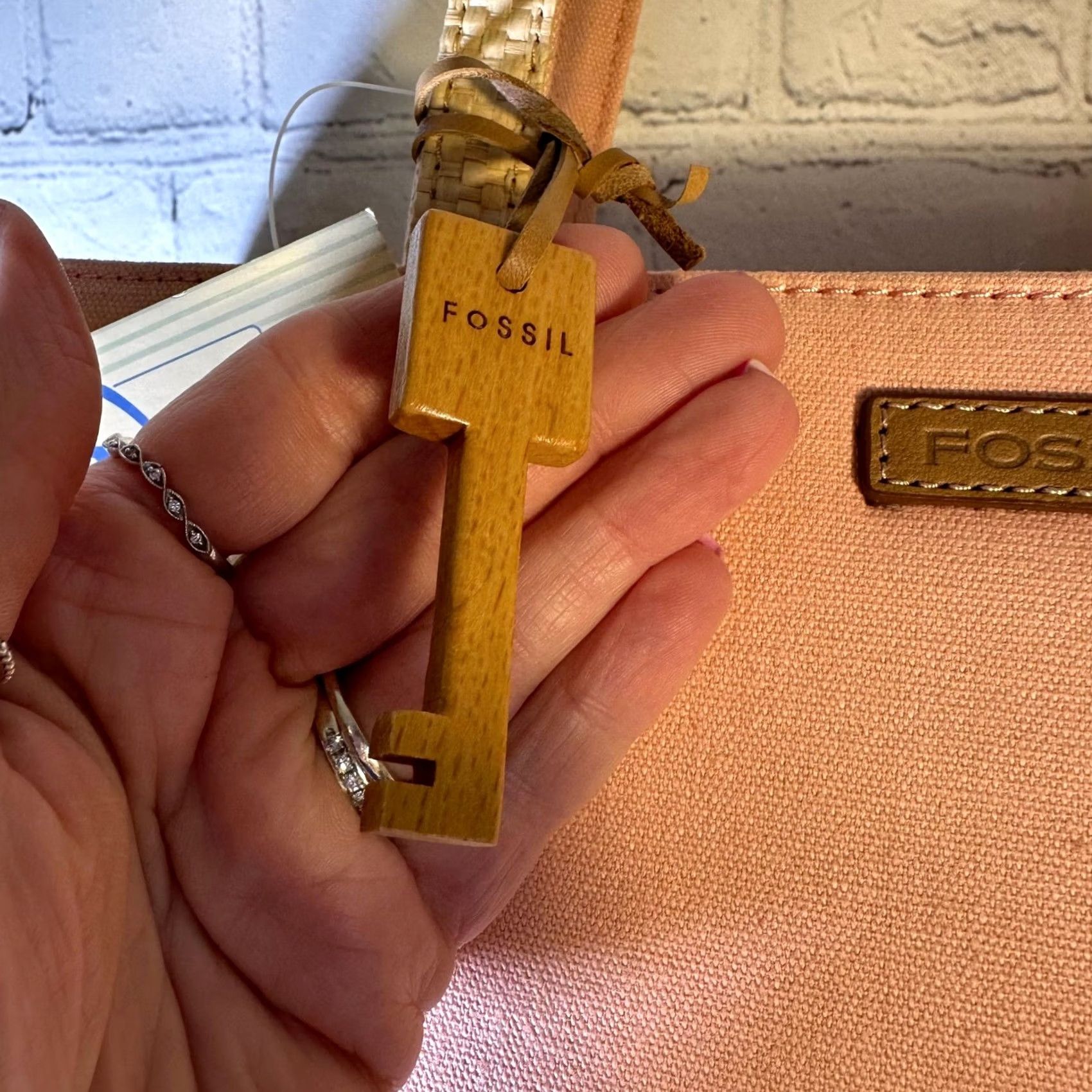 Fossil Fossil Nottinghill Shopper Tote Pink Canvas Straw Gingham Lining Multicolor Inner Pockets Womens Medium Accessories Bag Charm Key Size ONE SIZE - 3 Thumbnail