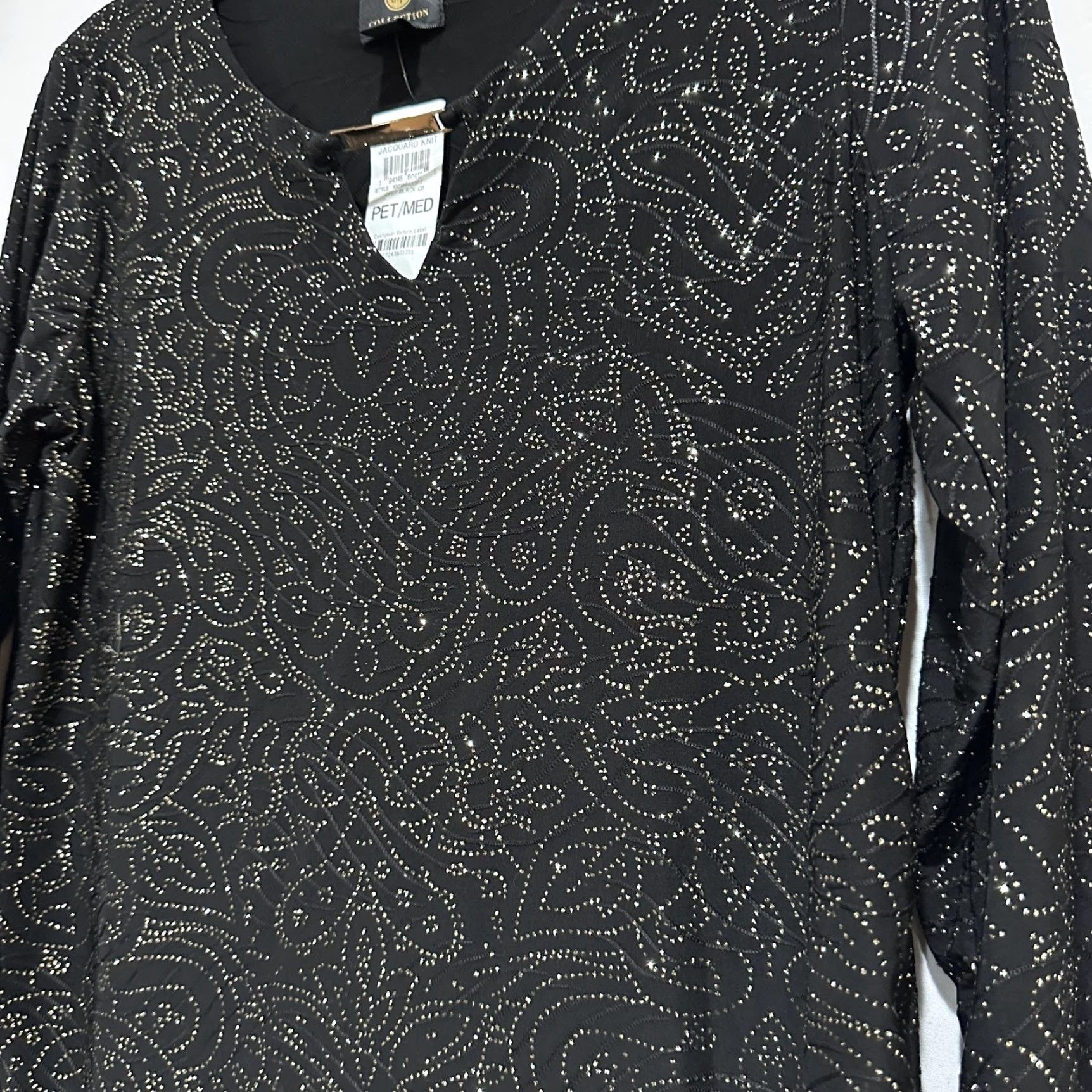 JM Collection VINTAGE JM Collection Tunic Blouse Women Petites M 3/4 Sleeve Black Paisley Shimmer Holiday Festival Party Womens Size M / US 6-8 / IT 42-44 - 2 Thumbnail