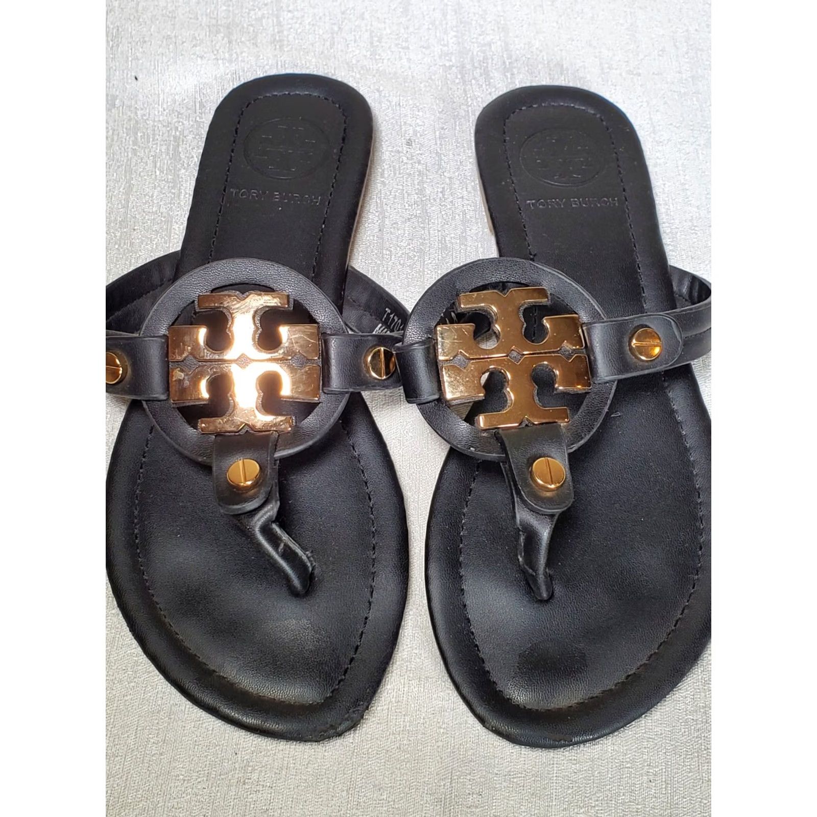 Tory Burch Tory Burch Miller 2 Black Leather Sandal Women US 8 Thong Gold Tone Double T Logo Accents Size US 8 / IT 38 - 7 Thumbnail
