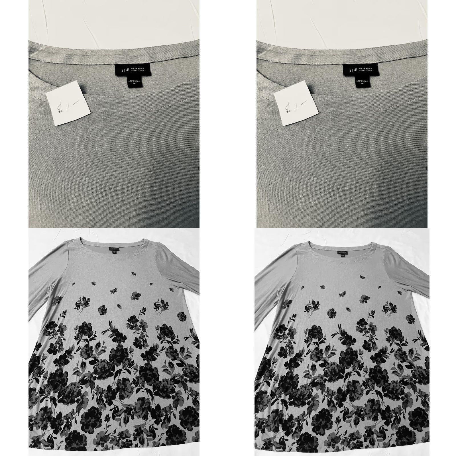 J. Jill J Jill Wearever Collection Shirt Womens Medium Gray Floral Stretch Pullover Top - 3/4 Sleeve Puff Sleeve Round Neck Tunic Relaxed Fit Viscose Spandex Size M / US 6-8 / IT 42-44 - 8 Thumbnail