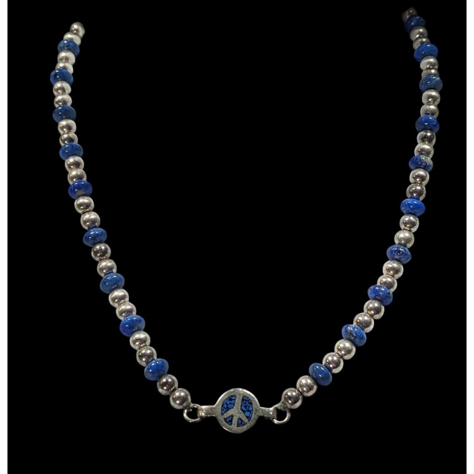 Other Vintage Hippie Peace Sign Lapis And Silver Tone Beaded Neckl Size ONE SIZE - 2 Thumbnail