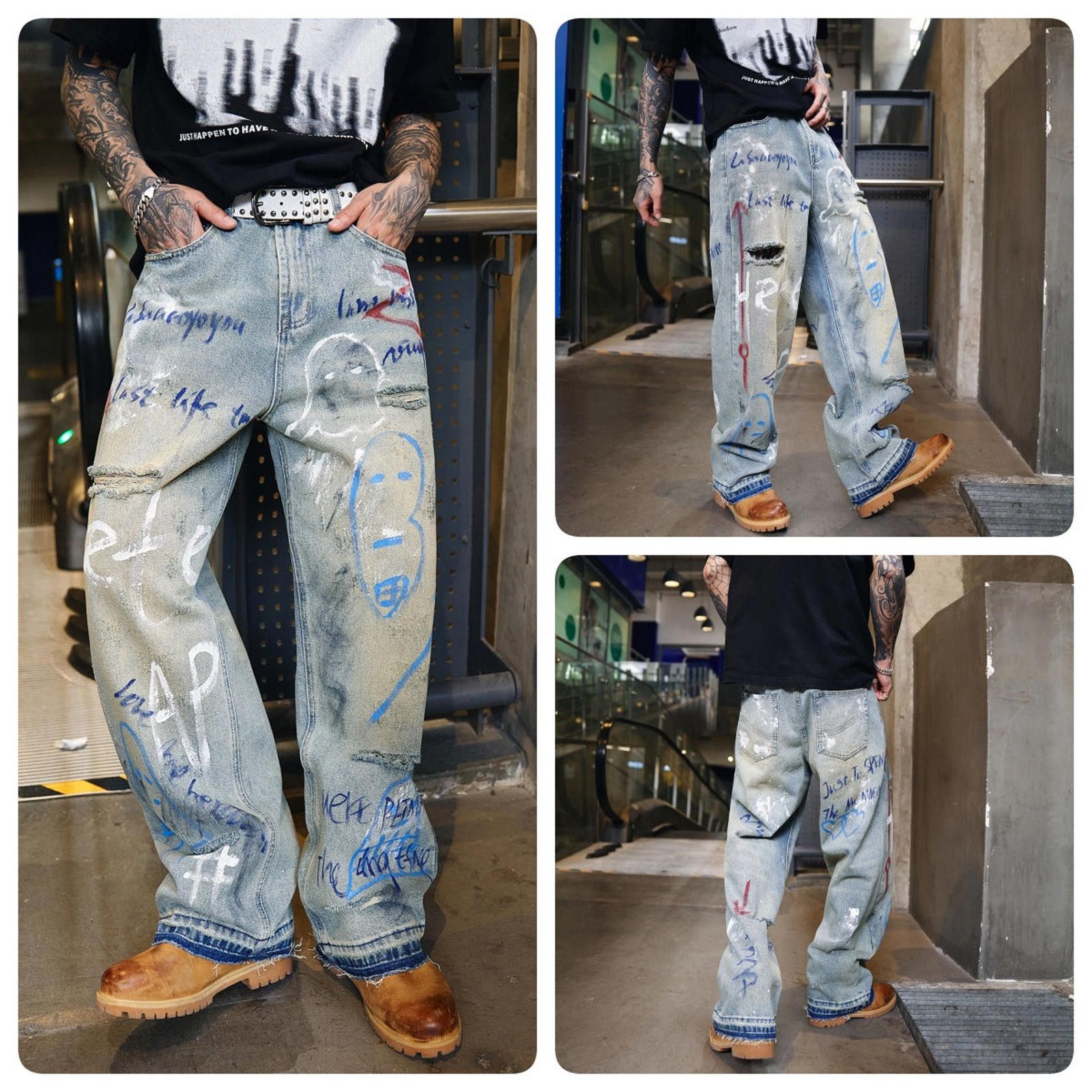 Japanese Brand Light Blue Graffiti Distressed Baggy Jeans, Loose Fit Denim Size US 30 / EU 46 - 4 Thumbnail