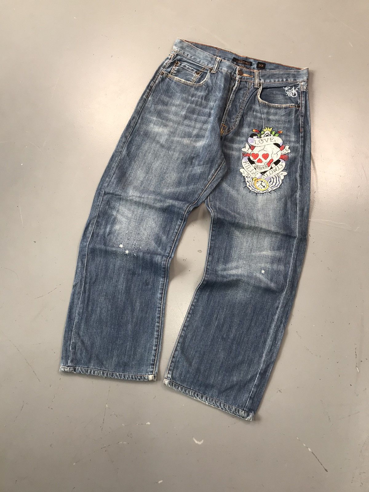 Christian Audigier × Ed Hardy × Vintage Vintage Edhardy skull embroidered denim Size US 33 - 2 Thumbnail