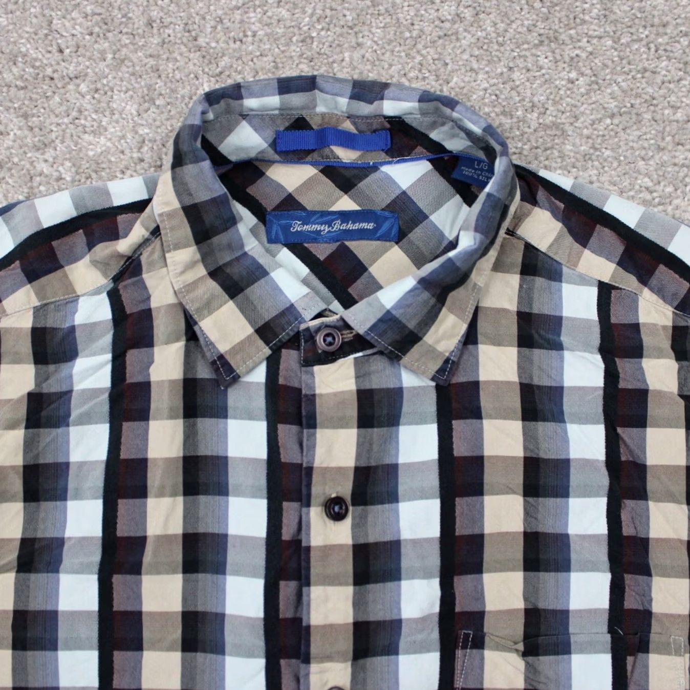 Tommy Bahama Tommy Bahama Silk Shirt Button-Up Plaid Long Sleeve Blue Black Tan Mens Large Size US L / EU 52-54 / 3 - 5 Thumbnail