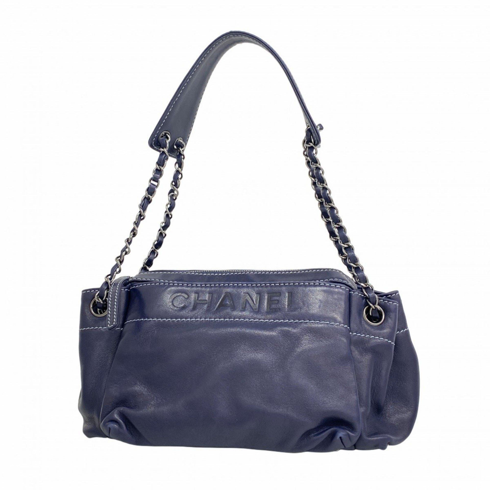 Chanel Shoulder Bag Chain Leather Navy Women's in Blue