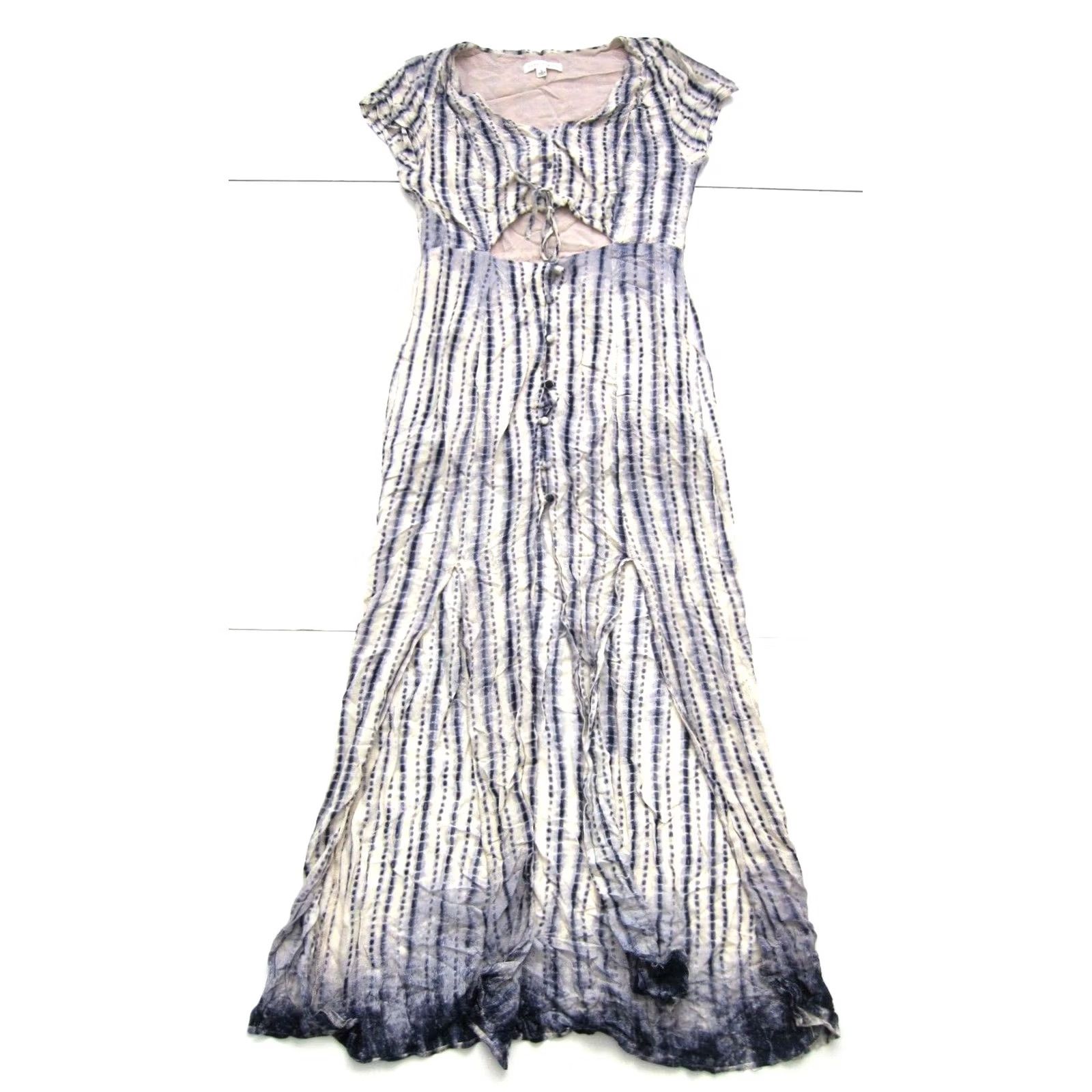 Vintage Honey Punch Maxi Dress Blue Ivory Tie Dye Button Short Sleeve L Vintage Kaftan Mid-Length Dress L Girls Mens Womens Size 36" / US 14 / IT 50 - 2 Thumbnail