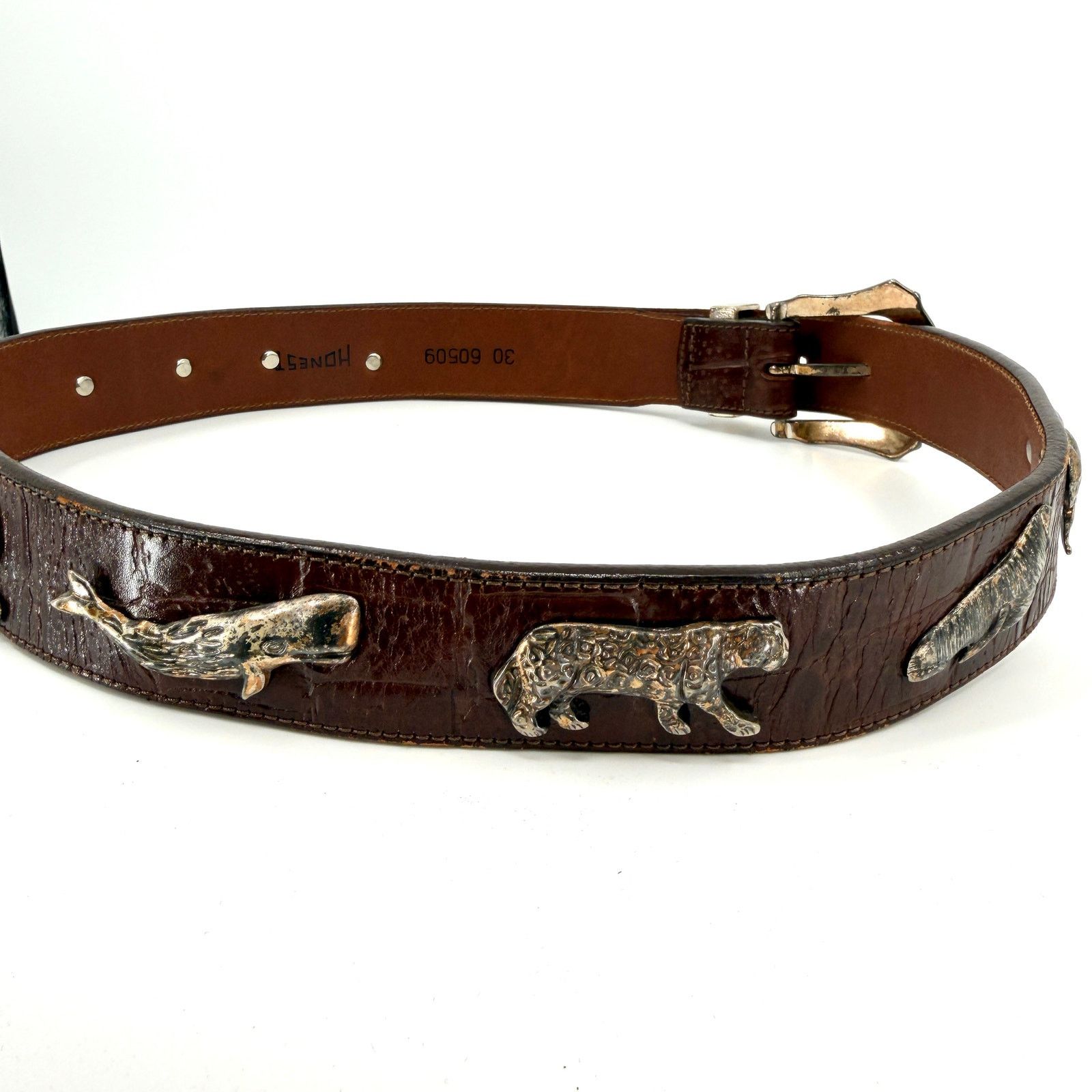 90s Brown Croc Embossed Leather Wildlife Medallion Belt