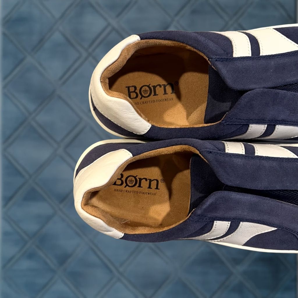 Born Born Navy Blue Suede Slip On Sneakers Size 13M Mens Casual Shoes Rubber Outsole Leather Lining Cushioned Comfort White Stripes Size US 13 / EU 46 - 1 Thumbnail