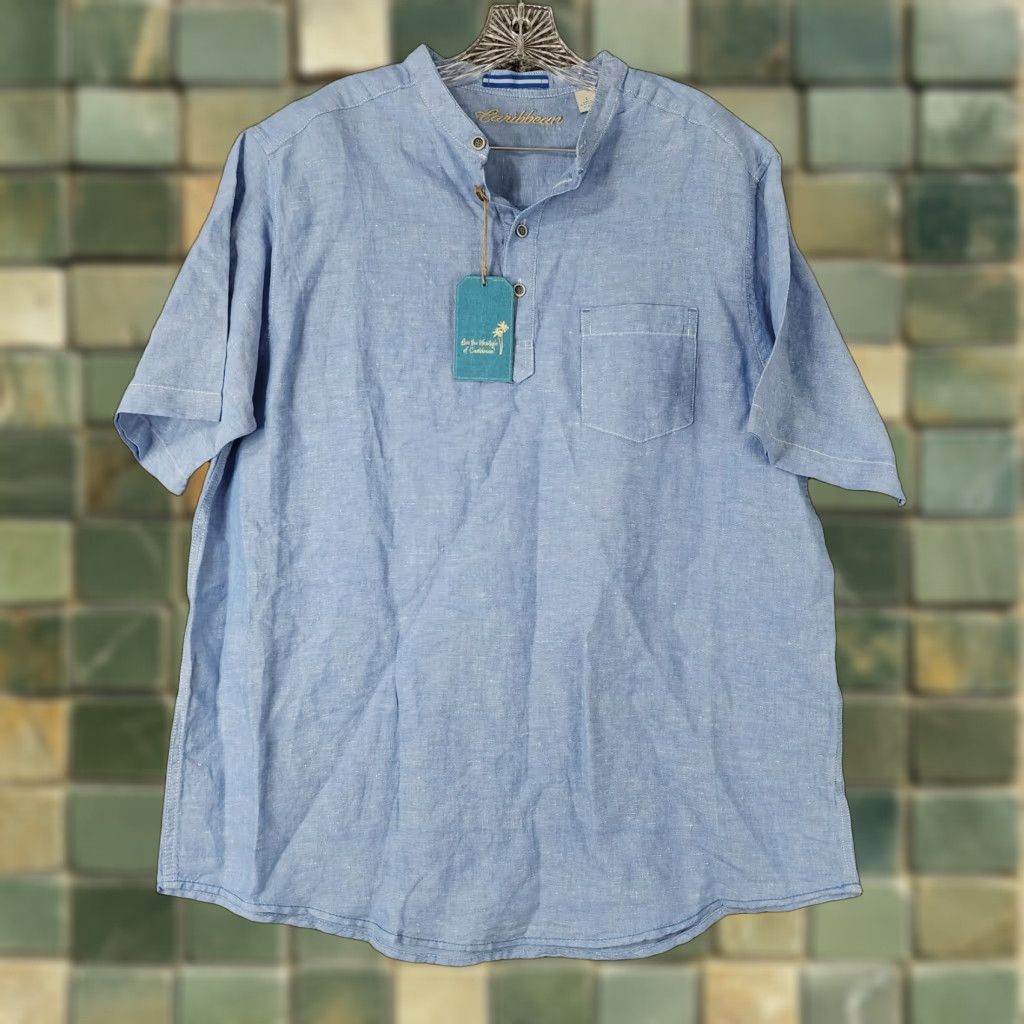Vintage CARIBBEAN Polo Shirt Men L Short Sleeve Collarless Blue - blue shirt 90s? (adjust?) Size US L / EU 52-54 / 3 - 1 Thumbnail