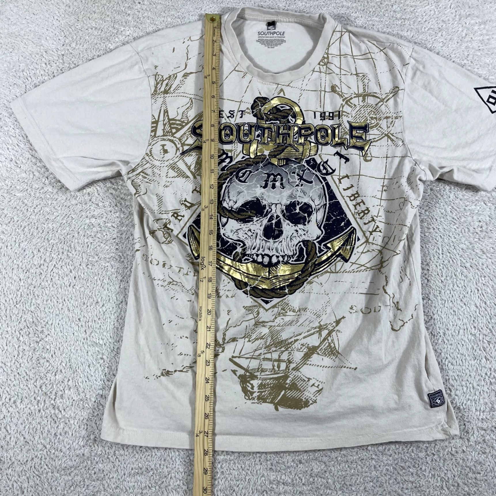 Southpole VINTAGE Southpole Shirt Mens Large Beige Skull Y2K Grunge Emo Nautical Skate Rap Size US L / EU 52-54 / 3 - 6 Thumbnail