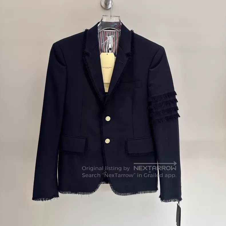 Thom Browne Thom Browne Fringed Leather Jacket with Dark Blue Gold But Size US S / EU 44-46 / 1 - 1 Thumbnail