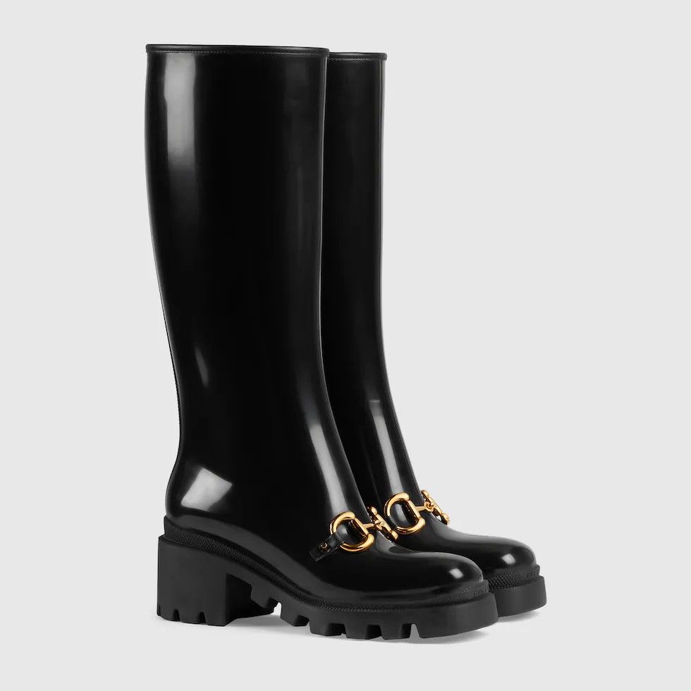 image of $1.1K Value Gucci Horsebit Knee Height Rubber Ankle Boots in Black, Women's (Size 8)