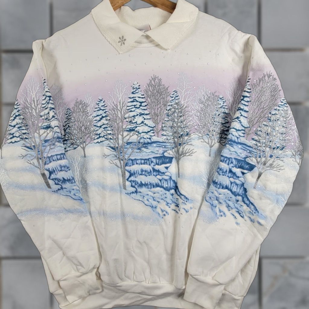 Vintage VINTAGE Morning Sun Sweatshirt Winter 90's All Over Waterfalls &Trees White M Womens USA Shirt Size M / US 6-8 / IT 42-44 - 1 Thumbnail