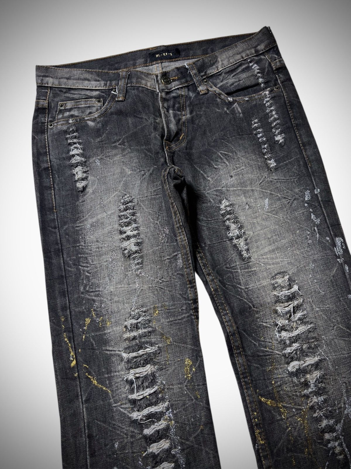 Japanese Brand 2000’s K.U.I - Japanese Archive’s Splash Ripped Flared Jeans Size US 30 / EU 46 - 2 Thumbnail