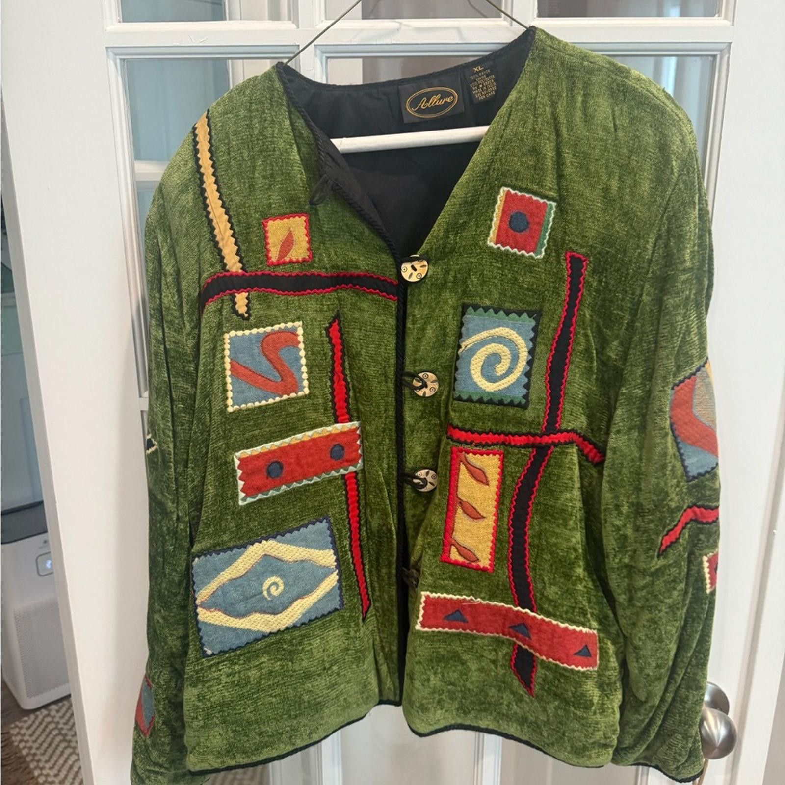 Designer Allure Vibrant Green Teddy Jacket with Colorful Patterns Size XL / US 12-14 / IT 48-50 - 1 Thumbnail