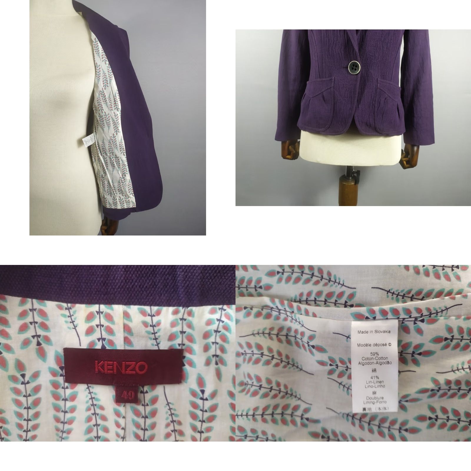 Kenzo KENZO Blazer Jacket Women's 40 Cotton Linen Purple Solid Classic Mid-Length Long Sleeve Button Jacket Size S / US 4 / IT 40 - 8 Thumbnail