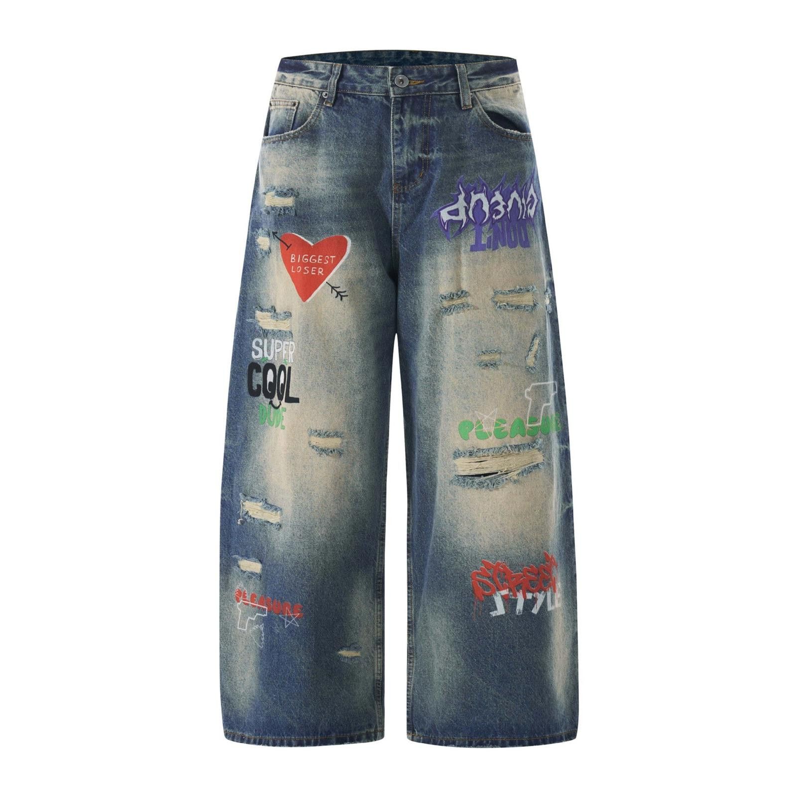 Blue Distressed Wide Leg Denim Jeans Graffiti Print