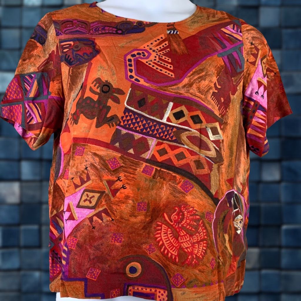 VINTAGE Karen Kane Women's Blouse Shirt Petite 12 Multi-Color Abstract Short Sleeve Art Deco