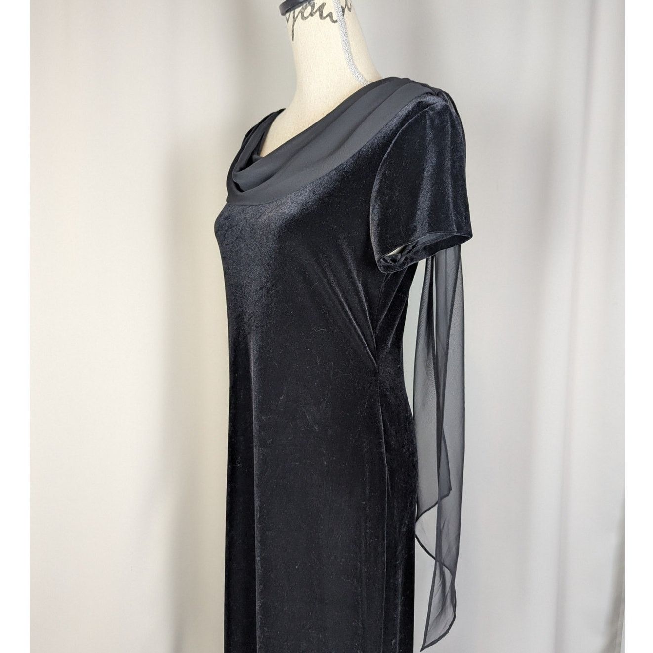 90s Vintage Velvet Short Sleeve Dress Gown Chiffon Scarf