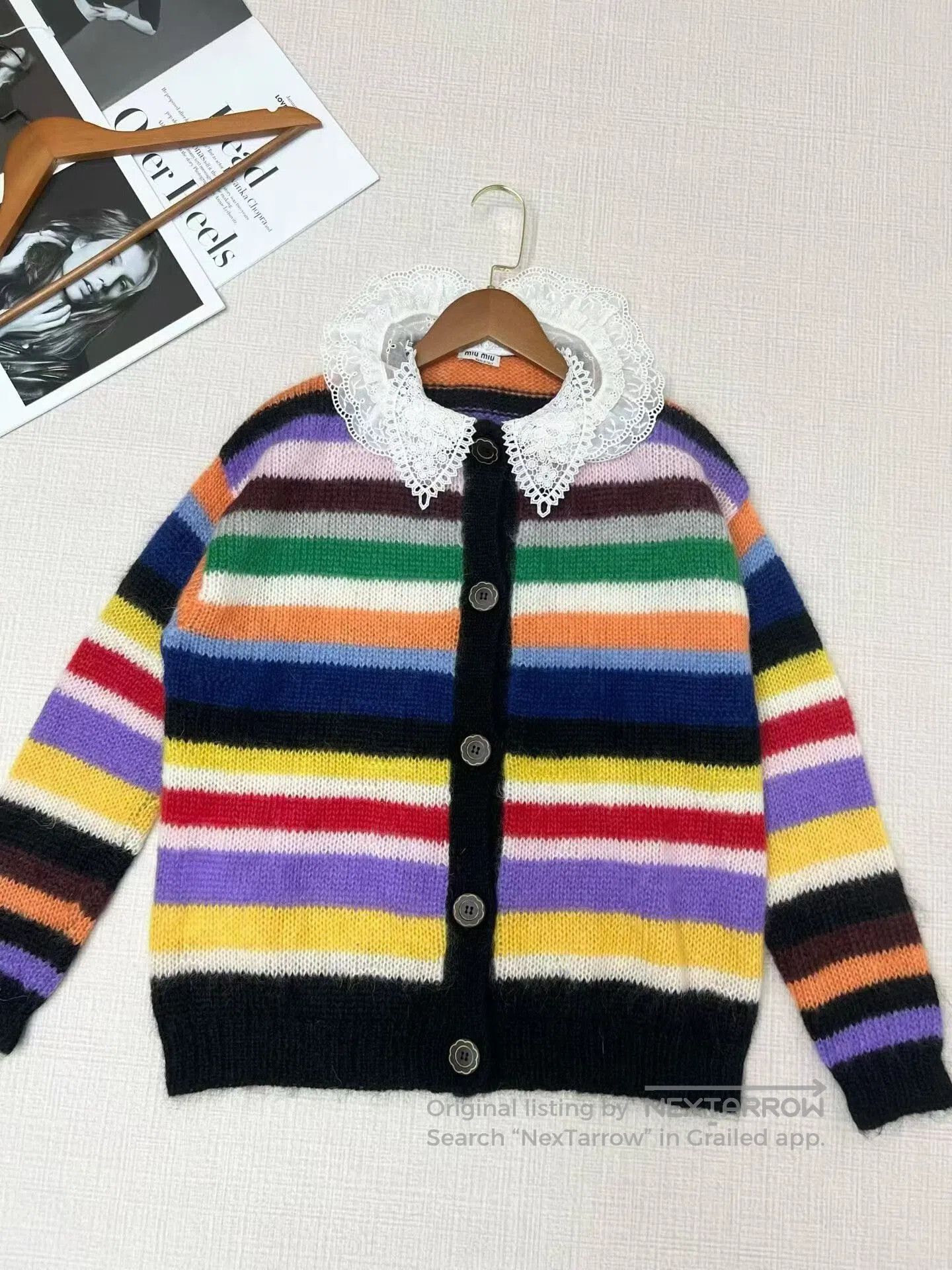 Miu Miu Miu Miu Color-Blocked Lace Collar Cardigan. Size XS / US 0-2 / IT 36-38 - 2 Thumbnail