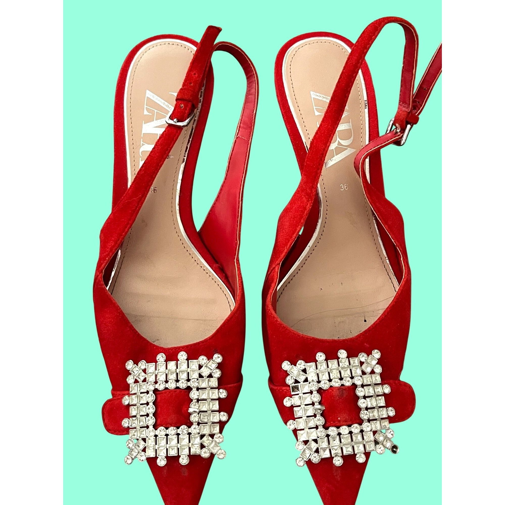 Zara Red Suede Pointed Toe Slingback Heels With Crystal Buckle Za Size US 6.5 / IT 36.5 - 2 Thumbnail