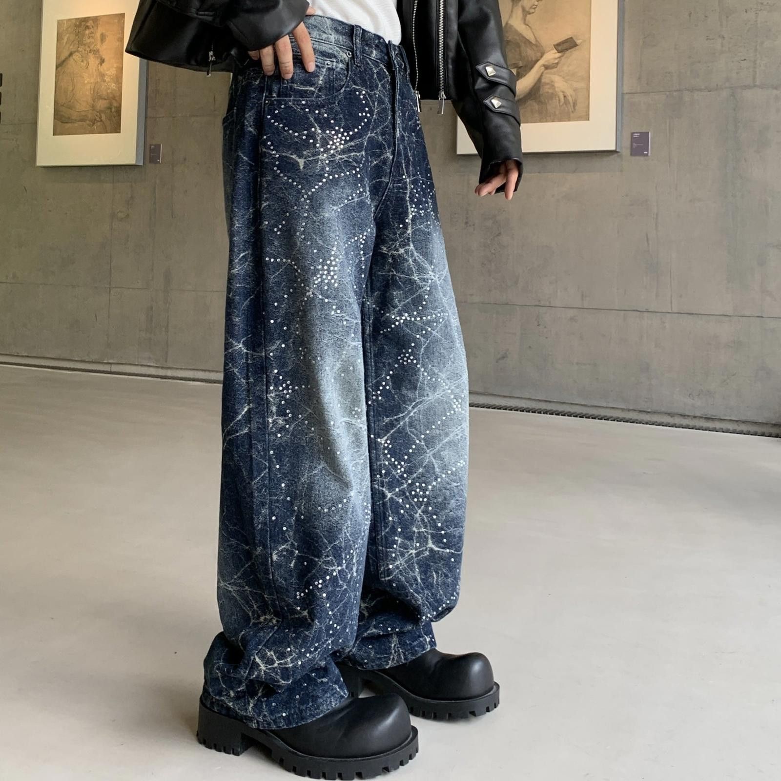 Vintage Blue Wide Leg Denim Jeans with Abstract Print Size US 30 / EU 46 - 2 Thumbnail