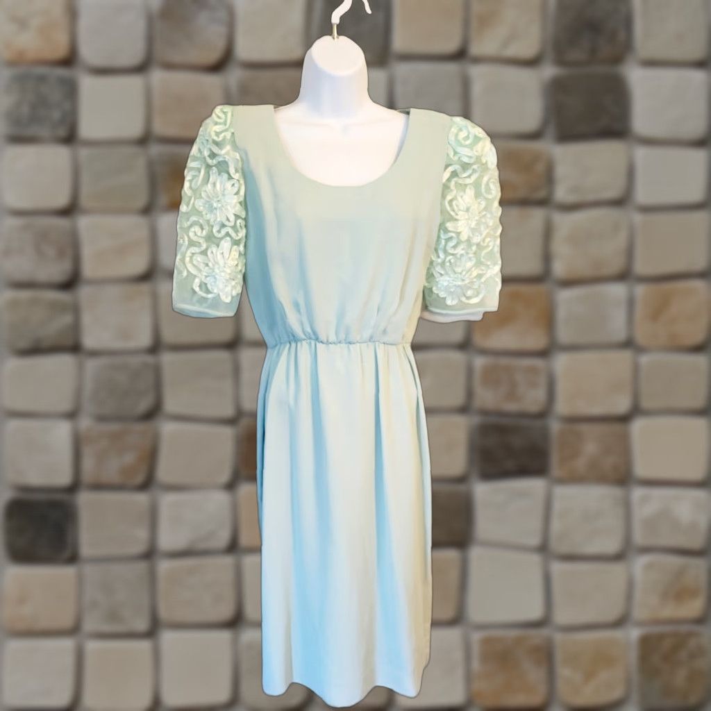 Vintage Vintage Miss Elliette Mint Green Dress Sheer Embellished Sleeves 8 New Wave 80s Party Womens Size 8 Green Size M / US 6-8 / IT 42-44 - 1 Thumbnail