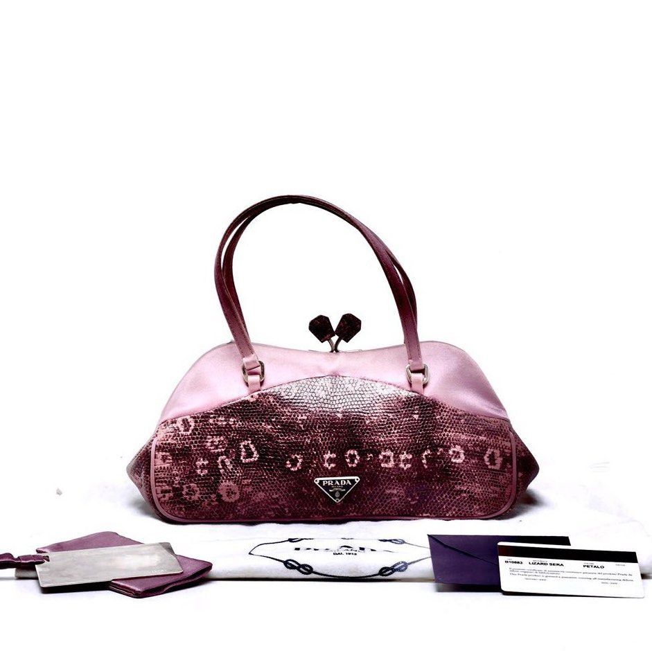 image of Prada Sera Lizard Skin Bowling Bag in Purple/Brown, Women's