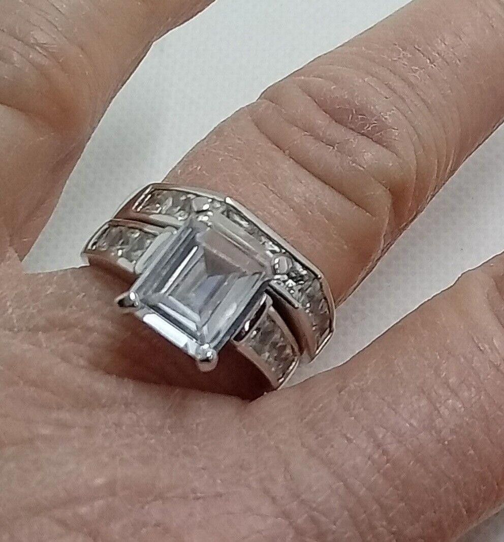 Sterling Silver Wedding Ring Set, Square Stone in Engagement Ring Size ONE SIZE - 1 Thumbnail