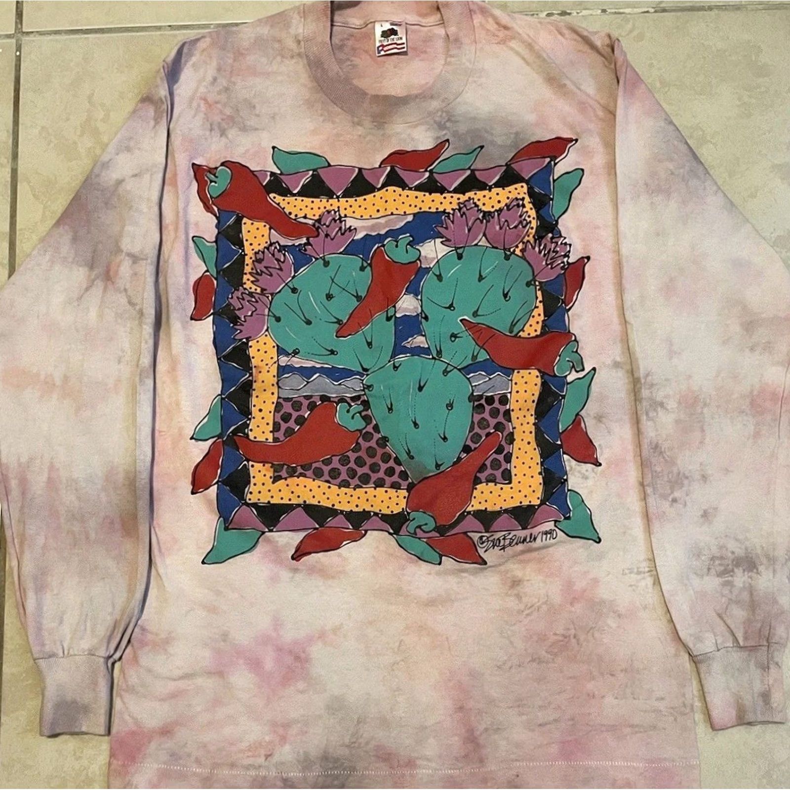 Vintage VINTAGE Cactus Abstract Art Faded AOP Shirt L USA Pink 90s 80s Grunge Sun Palm Trees Beach Single Stitch Men T-Shirt Long Sleeve Tie Dye Pattern Nike? Size US L / EU 52-54 / 3 - 2 Thumbnail