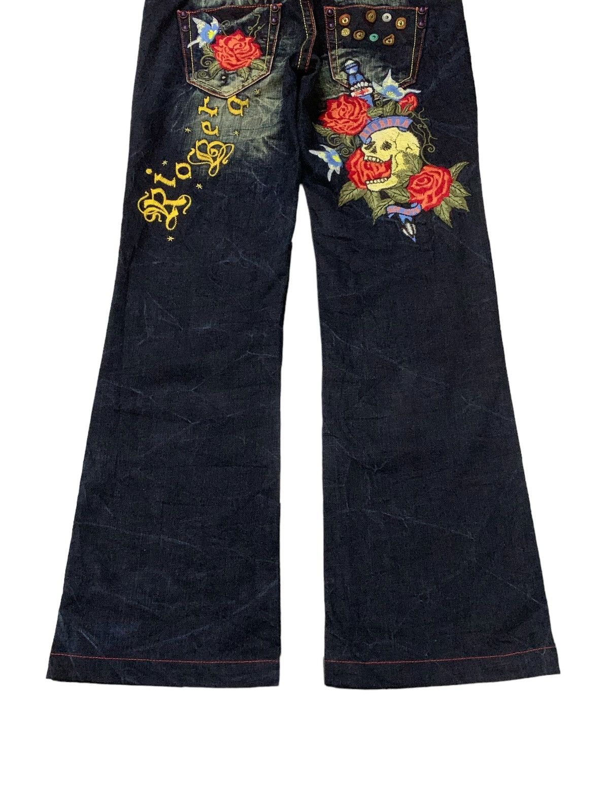 Ed Hardy × Japanese Brand Riobera Japan Embroidered Skull Tattoo Flared Denim Pants Size US 30 / EU 46 - 3 Thumbnail