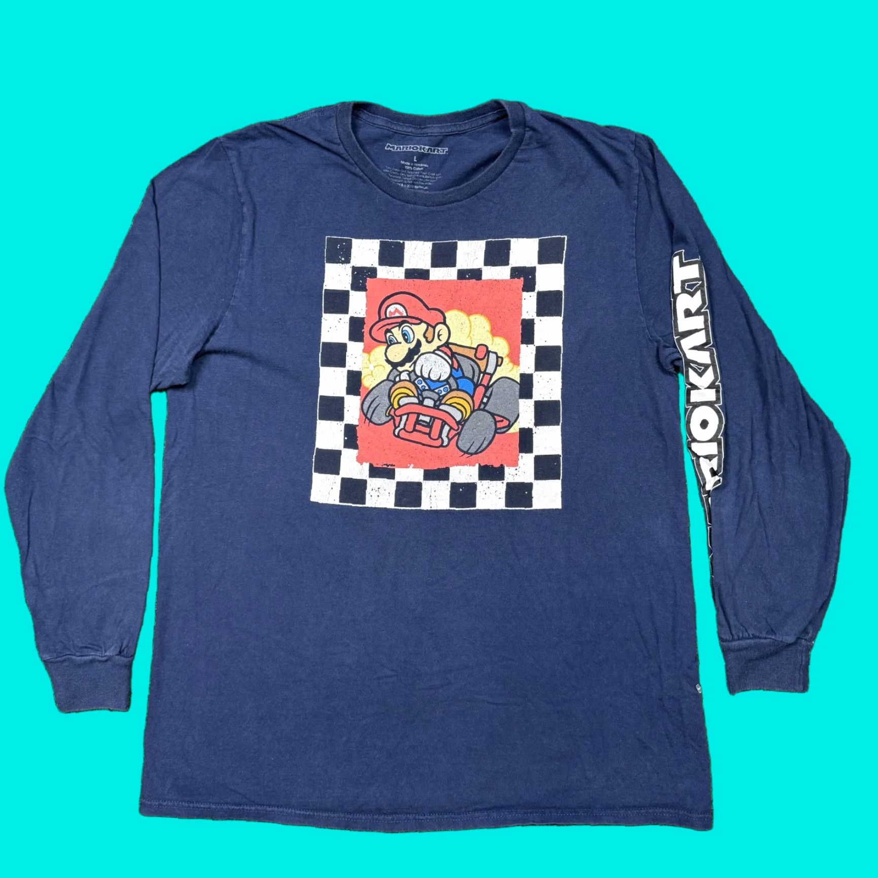 Nintendo Mario Kart Graphic T Shirt Men's L Blue 90s Retro Video Game Nintendo Tee Long Sleeve Bowser Luigi Wario Shirt Mens Size US L / EU 52-54 / 3 - 1 Thumbnail
