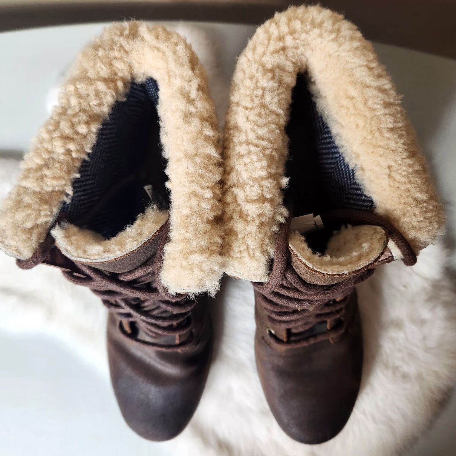 Ugg UGG Uptown Zea Brown Leather & Shearling Wedge Boots Women Size US 9 / IT 39 - 3 Thumbnail