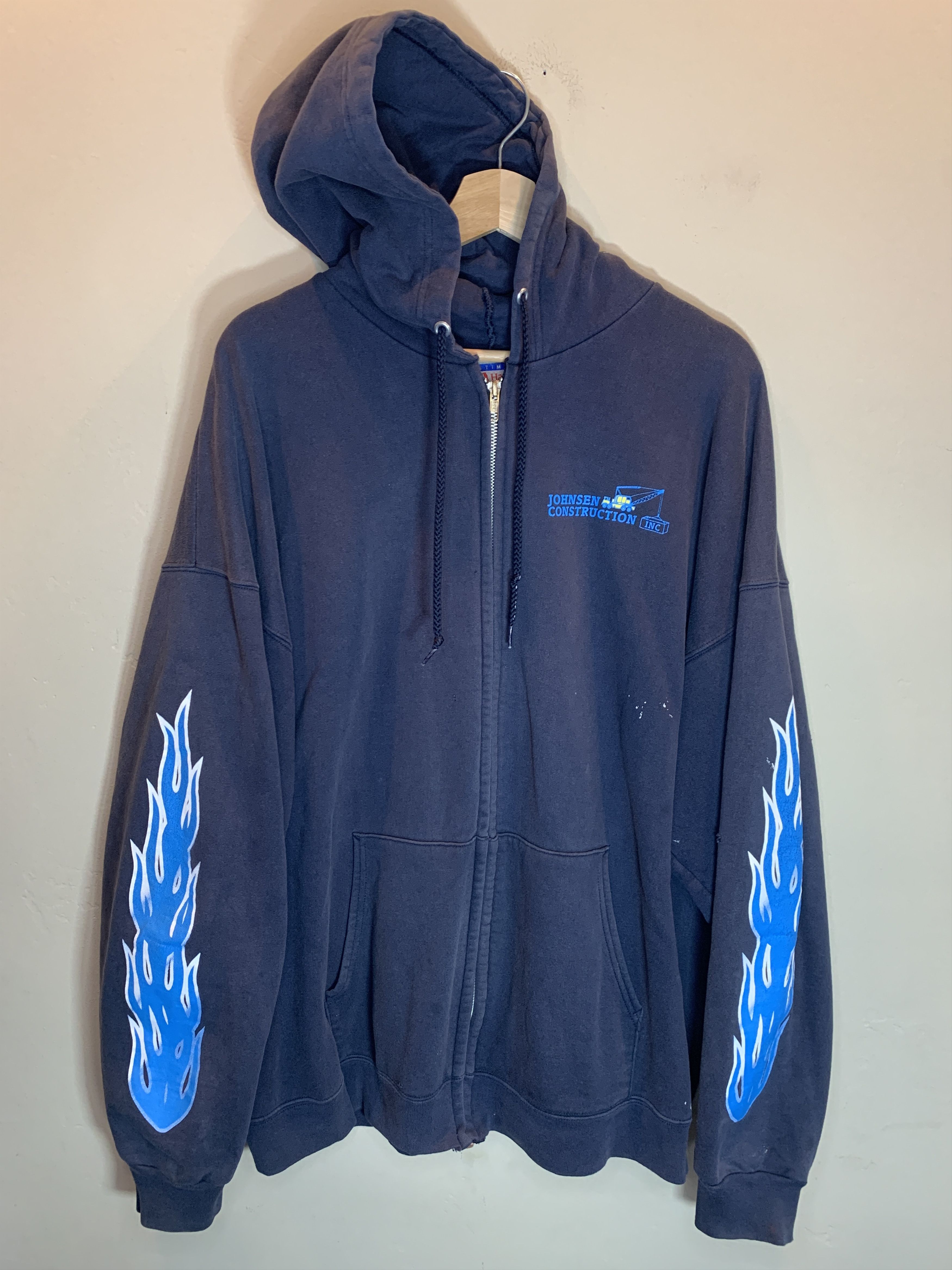 Vintage RARE Vintage 90s Flame Sleeve Construction Distressed Hoodie Size US XL / EU 56 / 4 - 1 Thumbnail