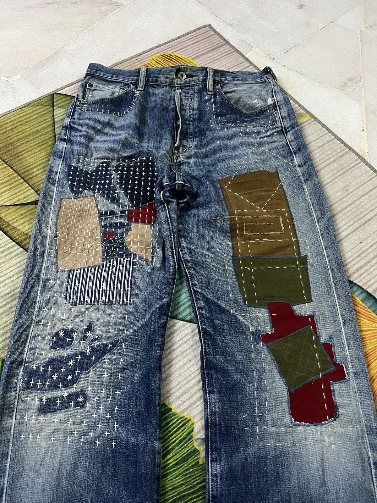 Levi's VINTAGE LEVIS 702 E BACKLE BACK CUSTOM SASHIKO BORO JAPAN Size US 30 / EU 46 - 3 Thumbnail