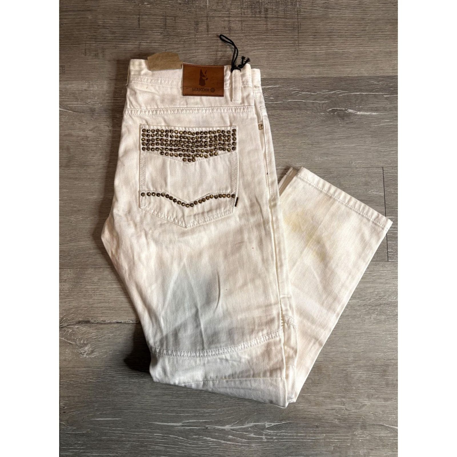 Denime Makobi Jeans Mens 34x32 White Slim Tapered Biker Studded Moto Denim Pants M1790 Size US 34 / EU 50 - 2 Thumbnail