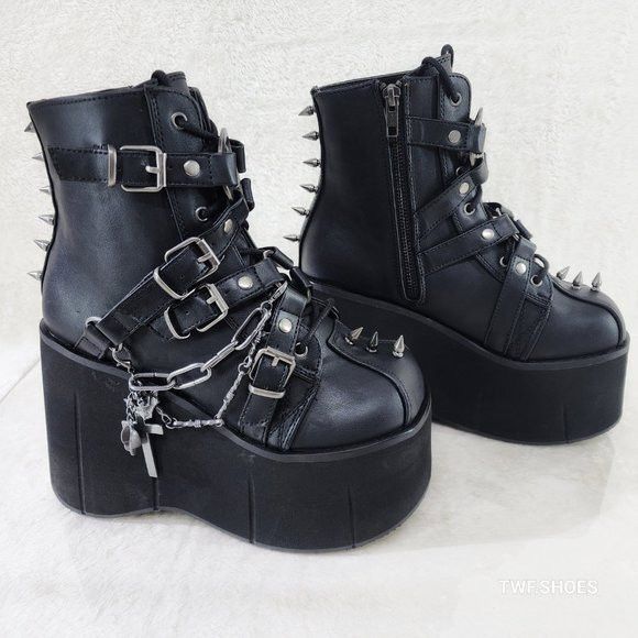 Demonia Cult DEMONIA Kera Goth Platform Wedge Ankle Boots With Chain Char Size US 6 / IT 36 - 8 Thumbnail