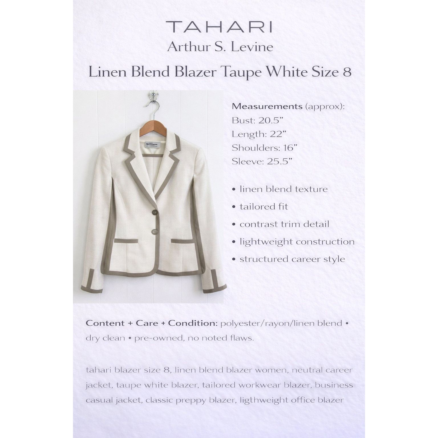 Other Tahari Arthur S Levine Linen Blend Blazer Taupe White Size 8 Size M / US 6-8 / IT 42-44 - 1 Thumbnail