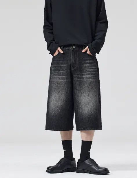 Japanese Brand VIBE Distressed wide-leg whisker loose men's denim shorts Size US 32 / EU 48 - 5 Thumbnail