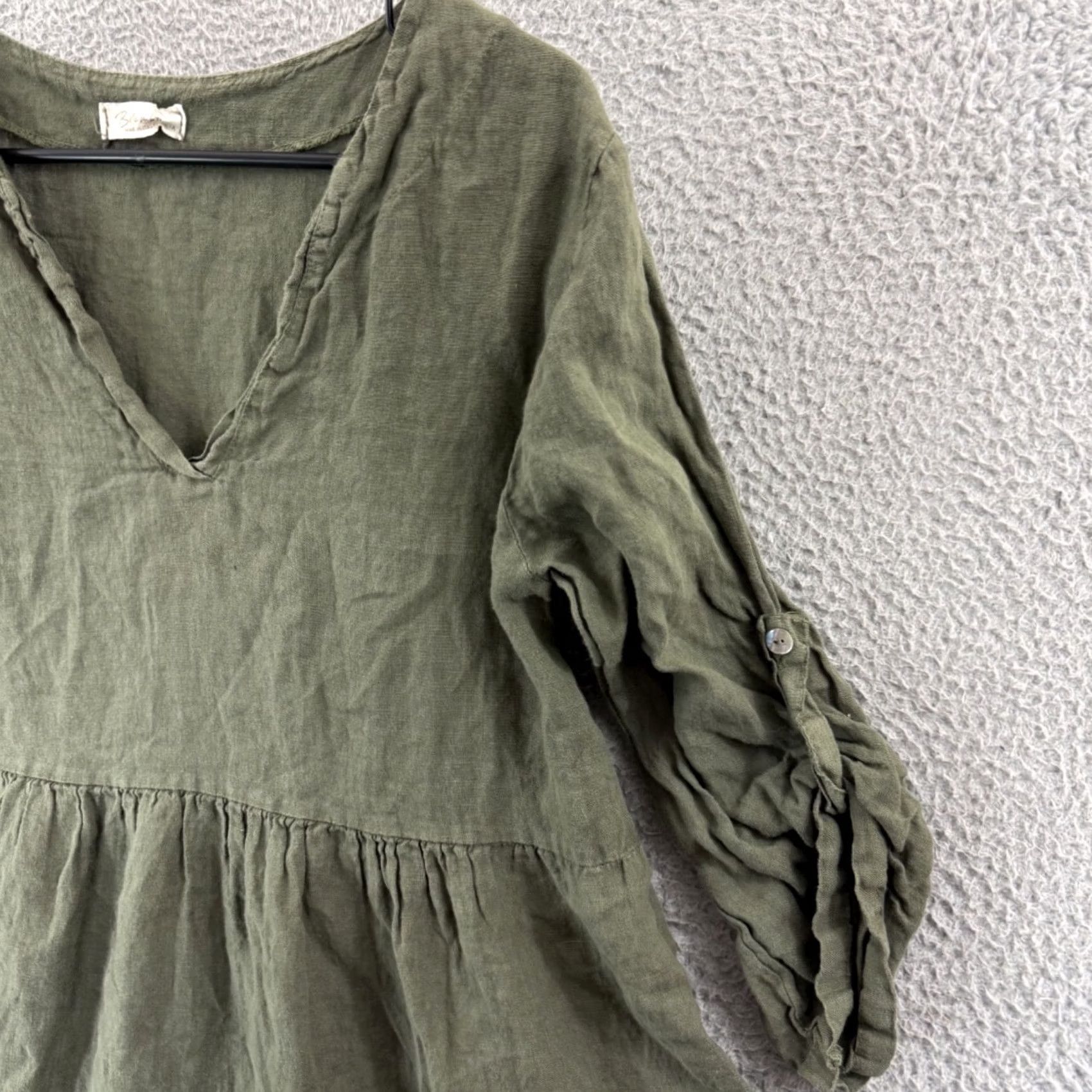 Vintage Bellambra Dress Women Medium Green Linen Trapeze Midi Boho Italy Violet 3/4 Sleeve Roll Tab Sleeve V-Neck Casual Travel Pattern Solid Lightweight Size M / US 6-8 / IT 42-44 - 6 Thumbnail
