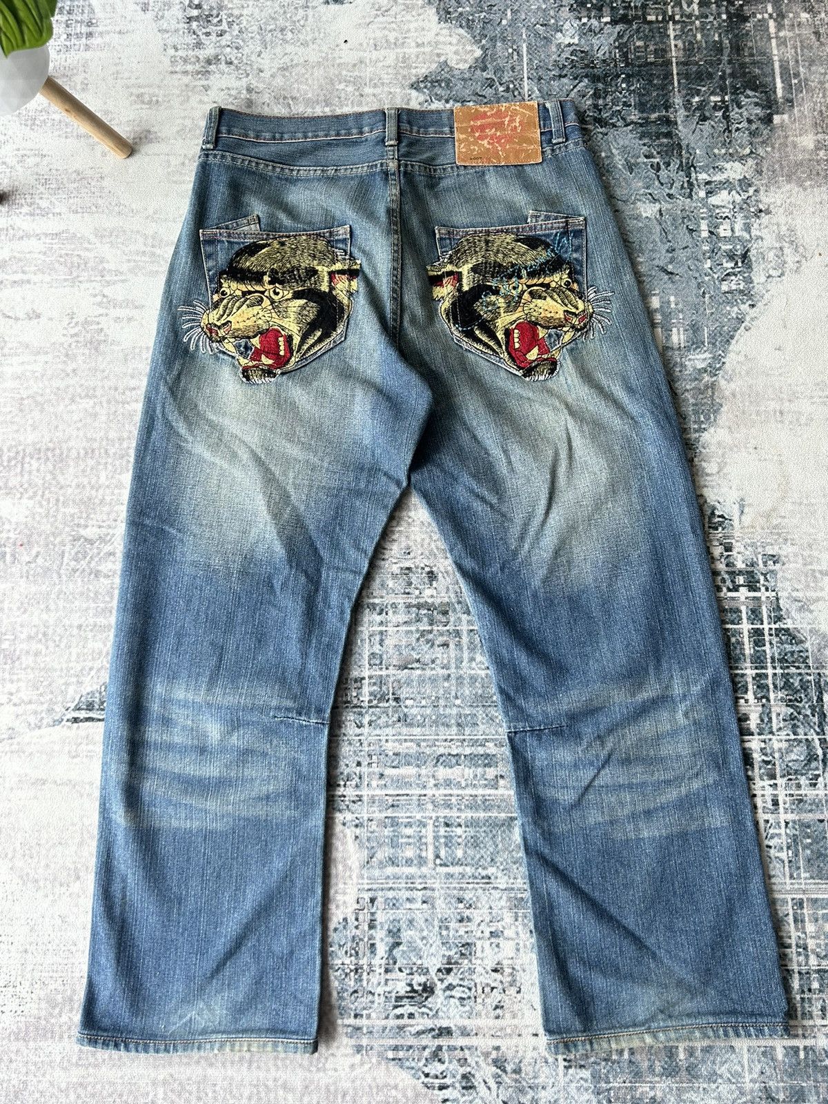 image of Ed Hardy Tiger Embroidered Jeans in Denim, Men's (Size 34)