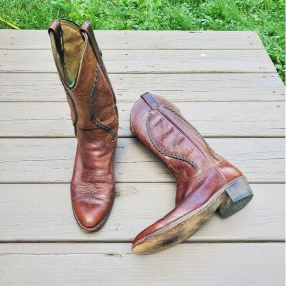 Dan Post × Vintage Vintage 70s Dan Post Brown Leather Braid Shaft Western Boots Size US 9 / EU 42 - 9 Thumbnail