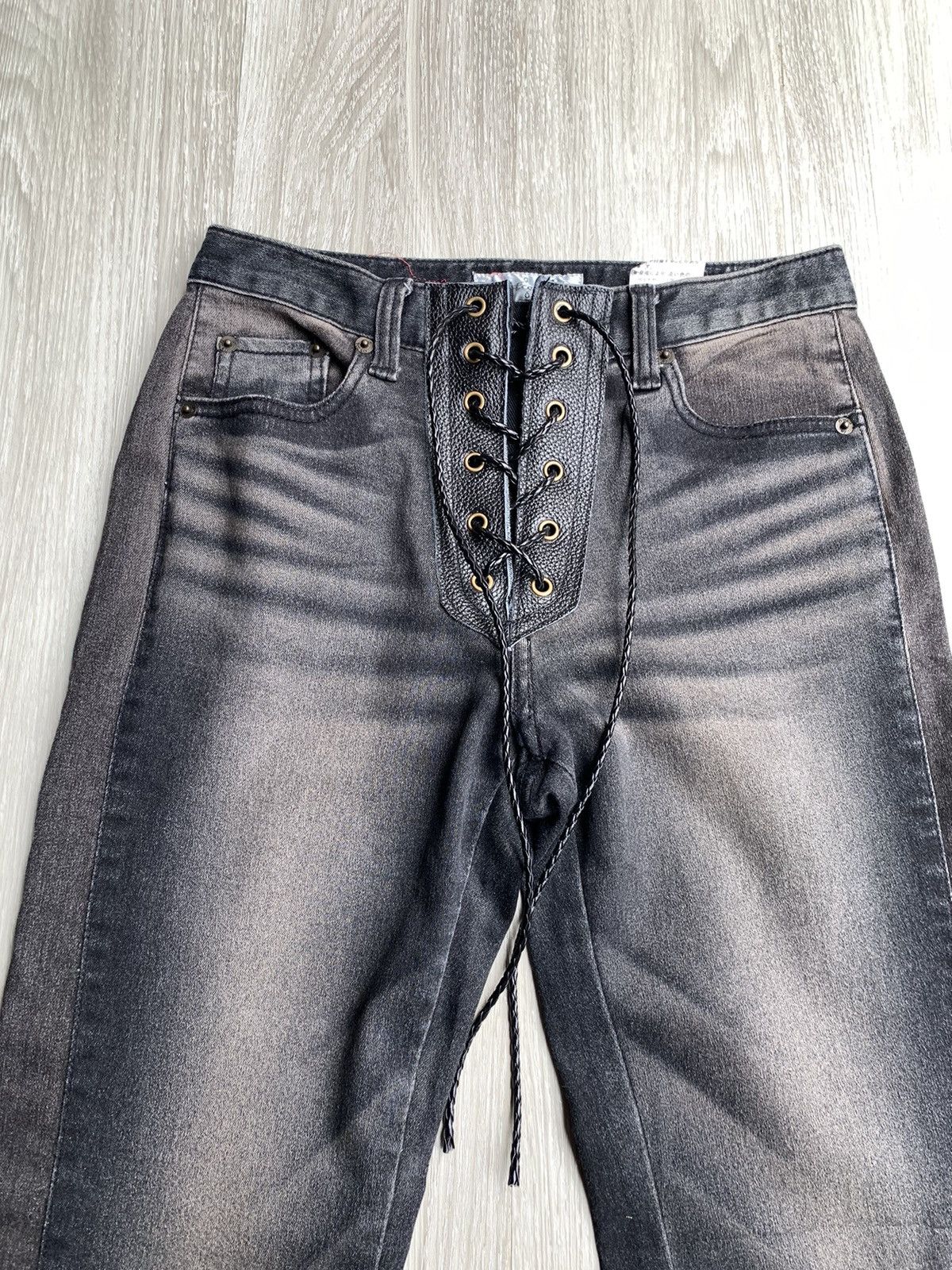 Japanese Brand TATTOOKU lace-up leather flare jeans Size US 27 - 2 Thumbnail