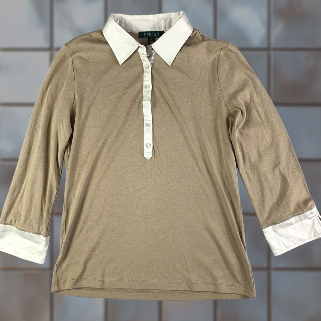 Ralph Lauren VINTAGE Lauren Ralph Lauren Button Up Henley Collared Shirt Women Medium Beige Old Money Womens Medium Beige Henley Shirt Size M / US 6-8 / IT 42-44 - 1 Thumbnail