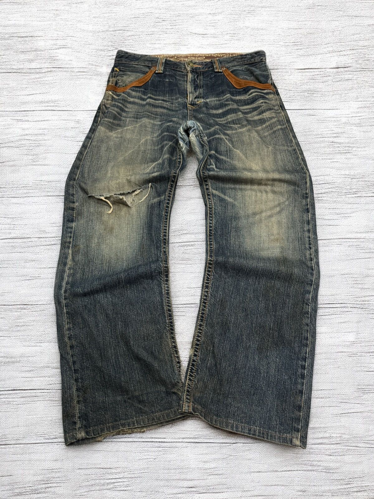 Edwin Distress Edwin Leather Trimmed Western Baggy Rusty Wash Size US 33 - 2 Thumbnail
