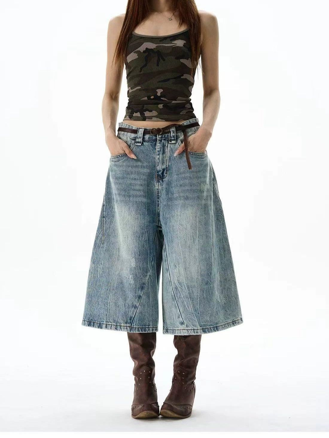 Jean Retro street washed patchwork men's casual loose shorts· Size US 32 / EU 48 - 1 Thumbnail