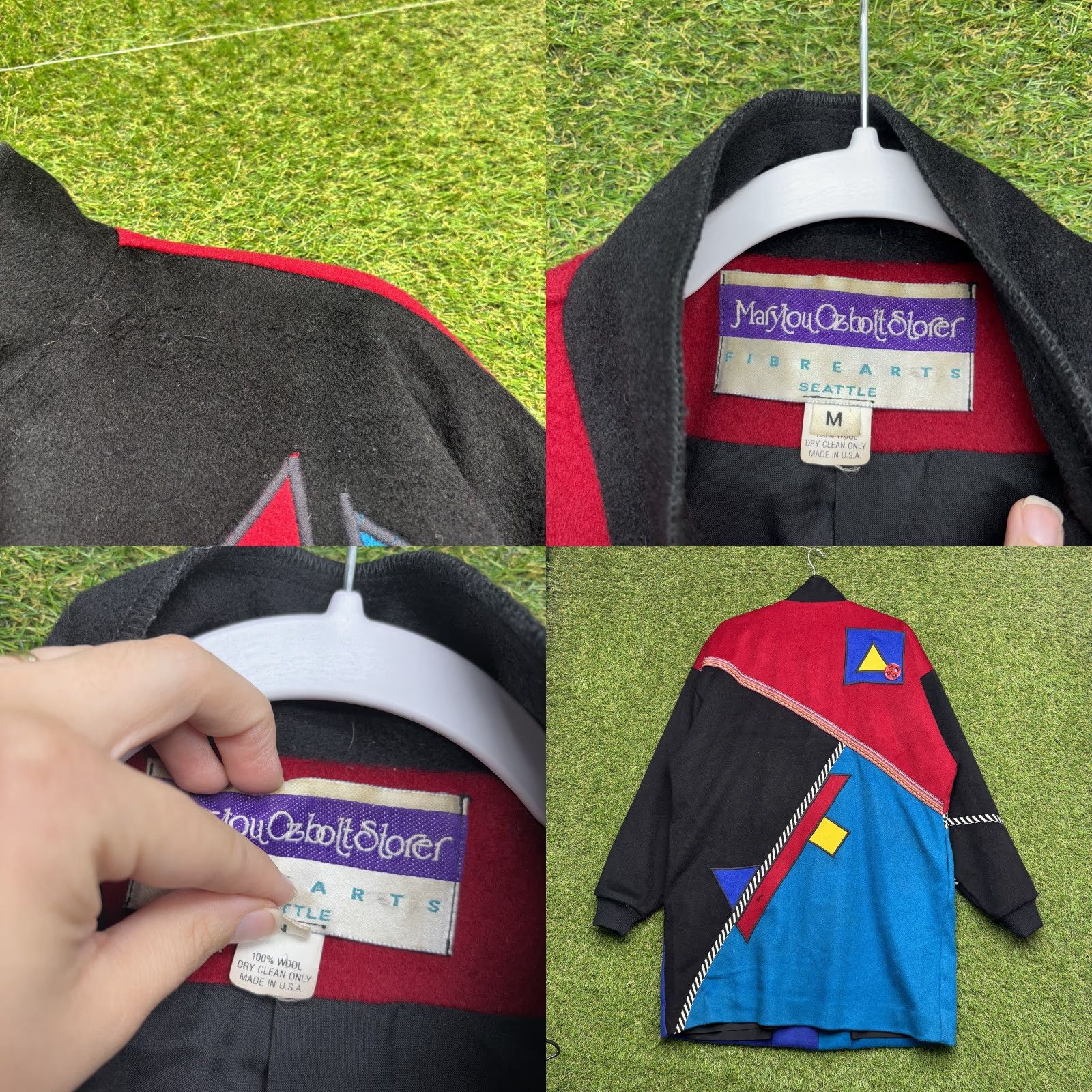 VINTAGE Mary Lou Ozbolt Storer Coat Womens M Wool Geometric 90s Multicolor Seattle Long Overcoat