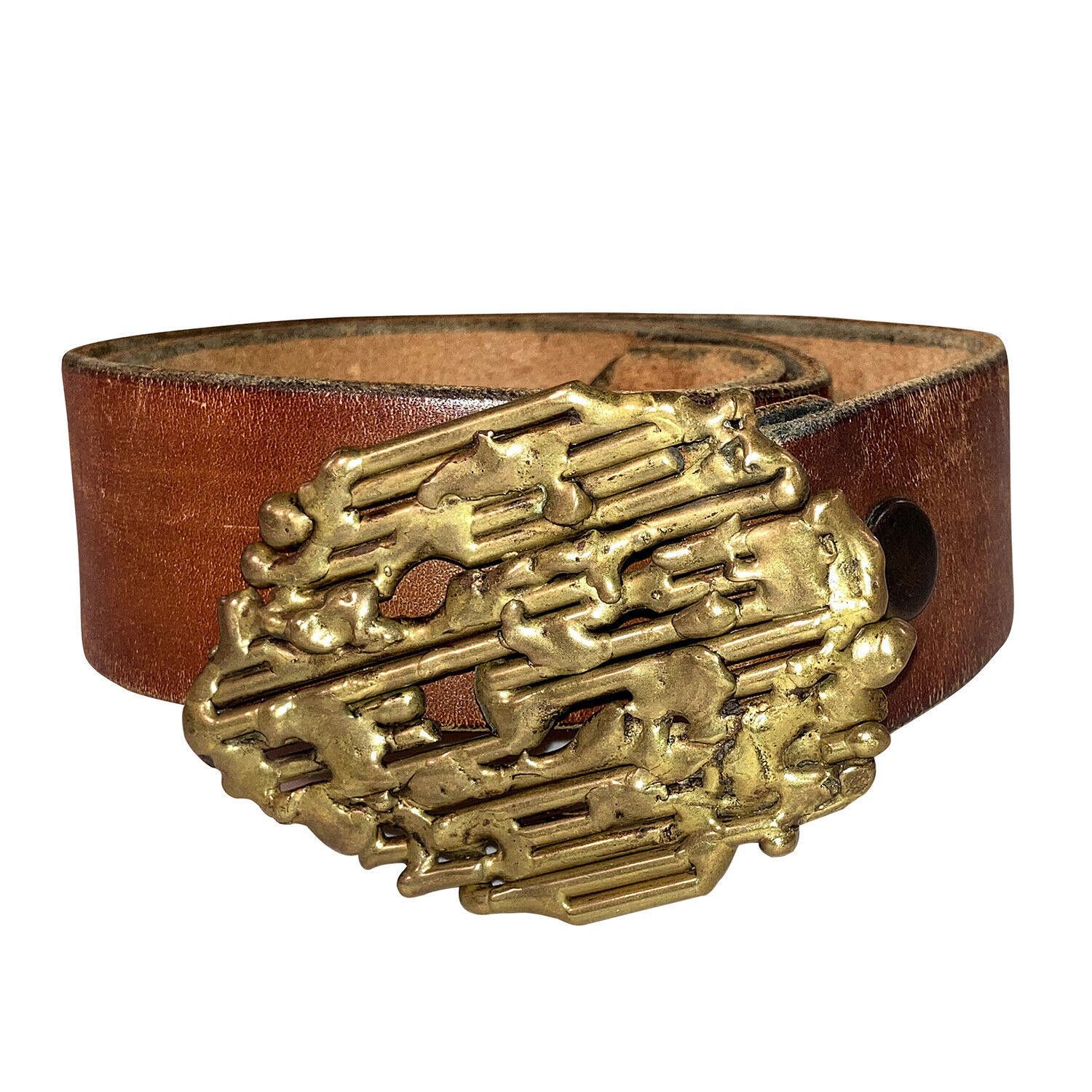 Brutalist Brass Hand Made Buckle with Beige Leather Belt