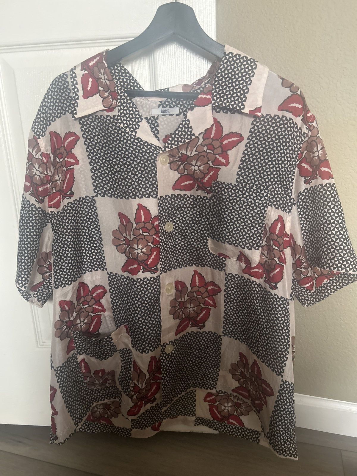 image of Bode Pink Checker Bloom Shirt, Men's (Size XL)