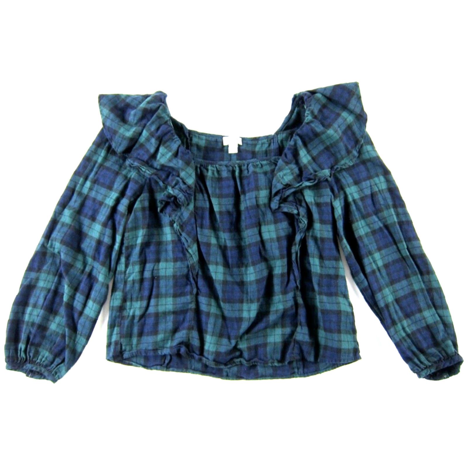 J.Crew J.Crew Green Blue Plaid 100% Cotton Long Sleeve Ruffle Crop Blouse PM Size M / US 6-8 / IT 42-44 - 2 Thumbnail